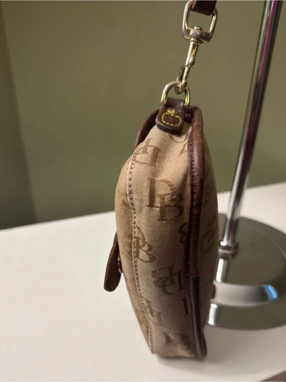 Dooney & Bourke Tan Brown Signature Monogram Mini Wristlet Leather Strap & Trim